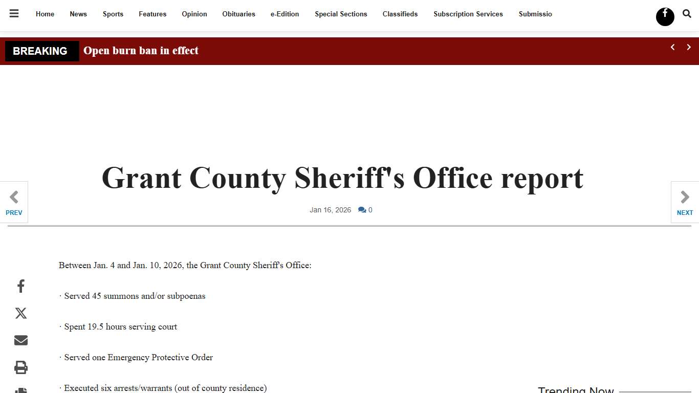 Grant County Sheriff's Office report | Grant County News | pmg-ky3.com