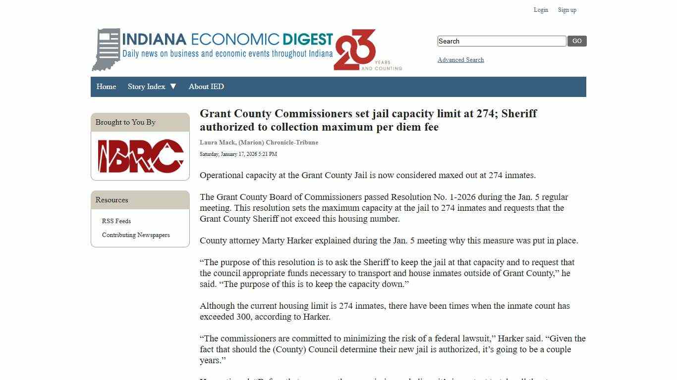 Grant County Commissioners set jail capacity limit at 274; Sheriff authorized to collection maximum per diem fee - Indiana Economic Digest